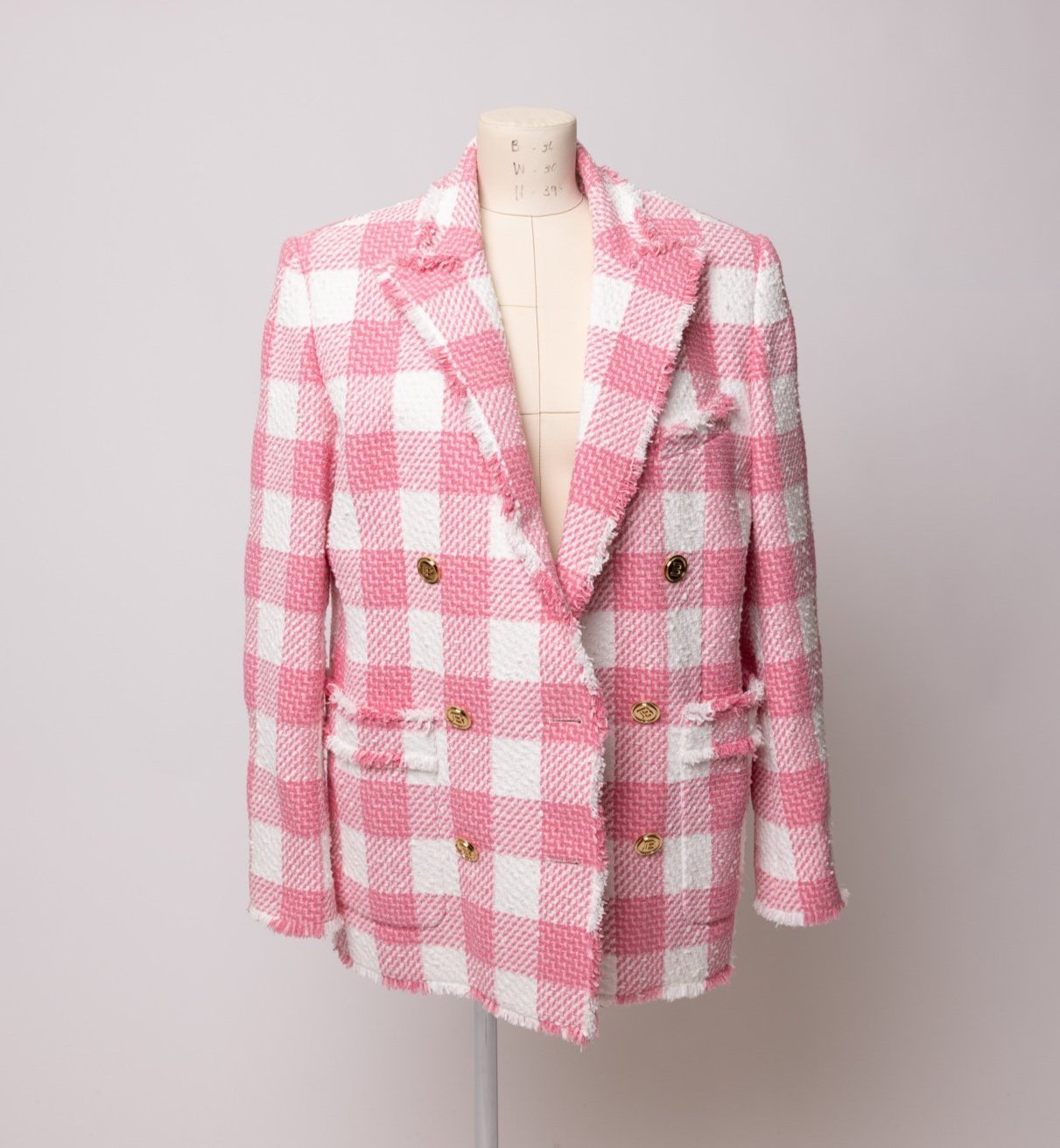 Interesse indgang procedure BALMAIN | Pink and White Gingham Tweed Double Breasted Blazer – The Vault  By Volpe Beringer