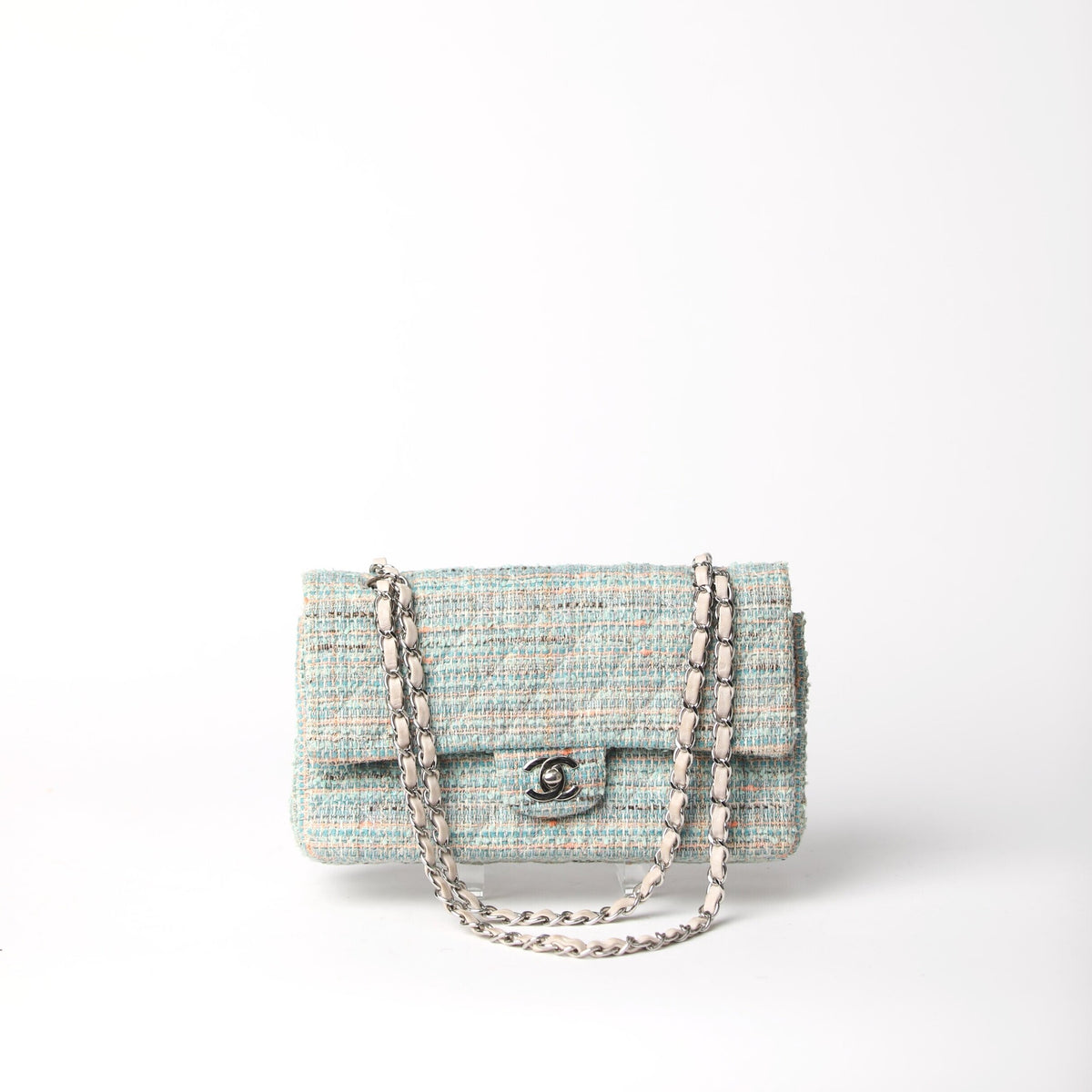 CHANEL  Classic Blue Double Flap Quilted Tweed Medium Bag – The