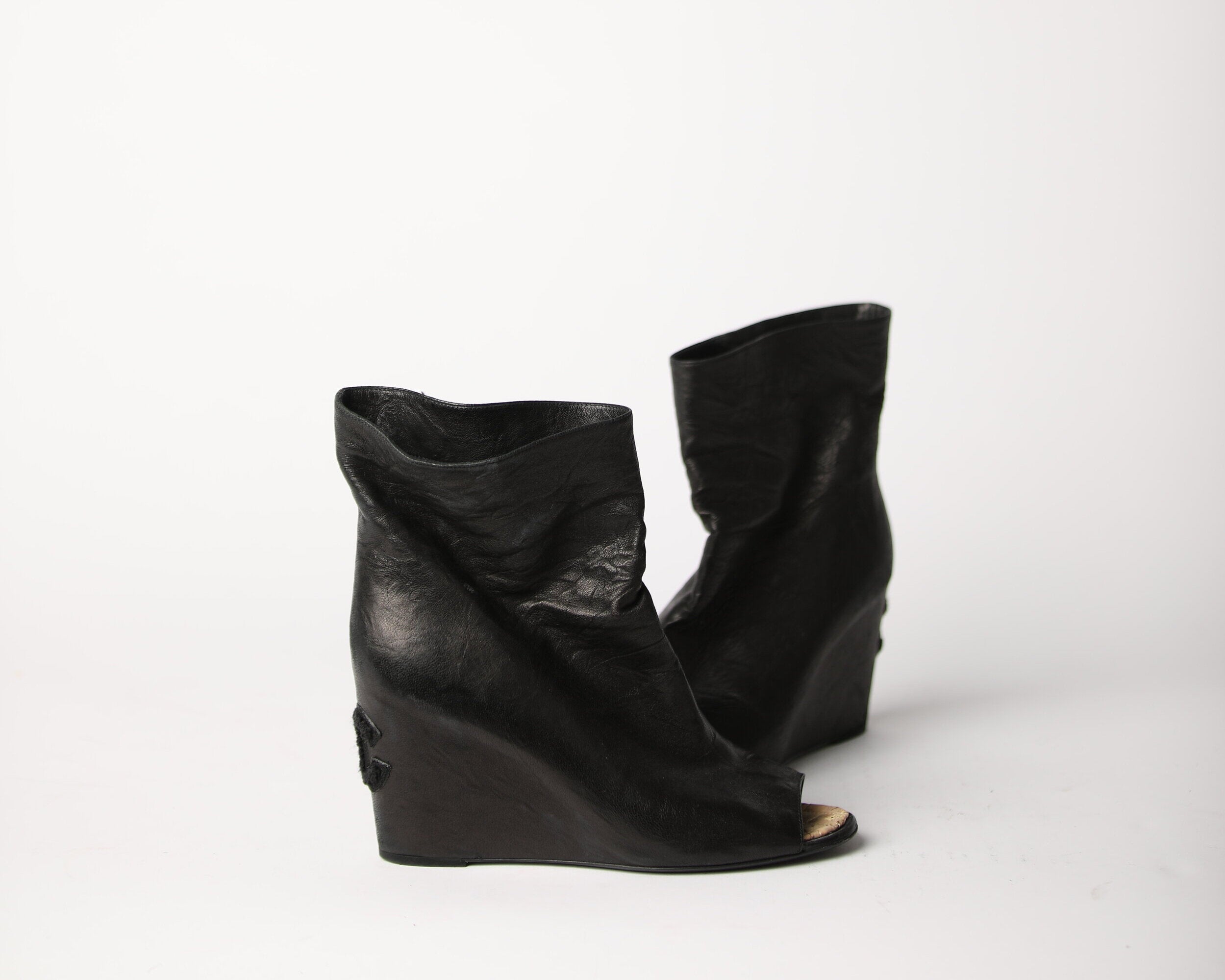 CHANEL, Shoes, Chanel Beaded Embellished Interlocking Cc Logo Black  Leather Cap Toe Wedge Boots