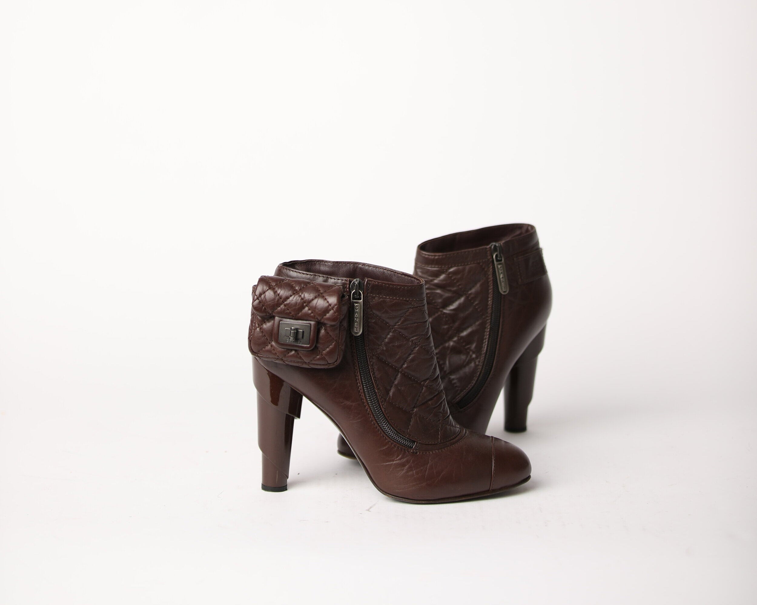 CHANEL | Brown Leather Boots with Ankle Pouch